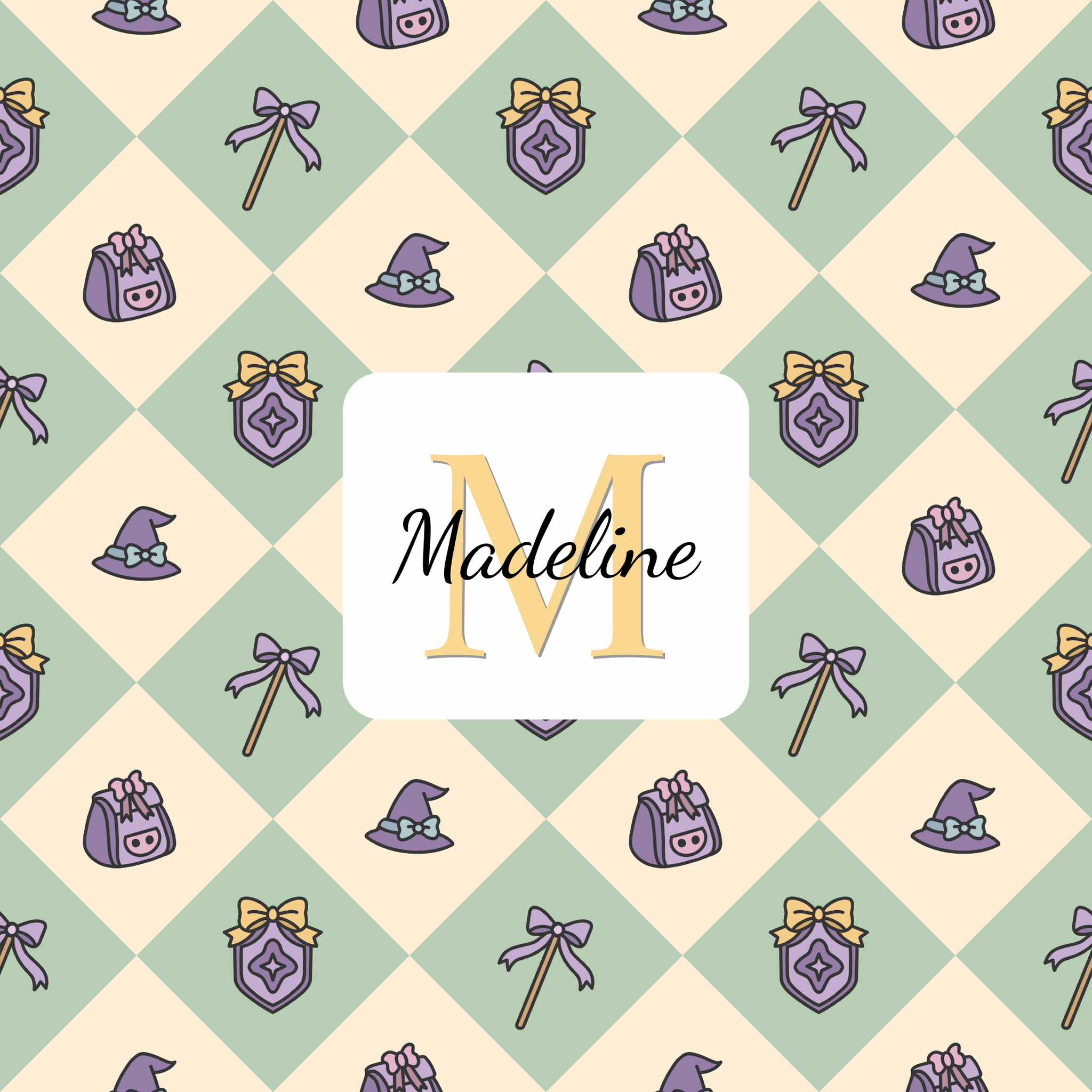 Pattern featuring whimsical illustrations of hats, bags, bows, and badges in pastel colors, centered with the name 'Madeline' and a prominent 'M'.