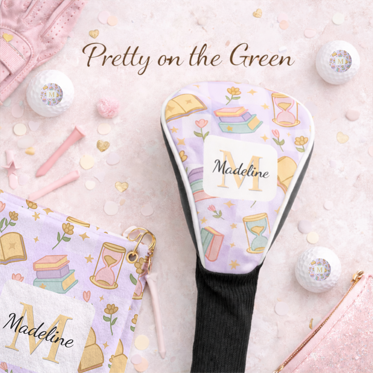 Golf accessory featuring a personalized headcover with the name 'Madeline', surrounded by playful illustrations of books, flowers, and hourglasses against a pastel background. Also includes golf balls and pink tees.