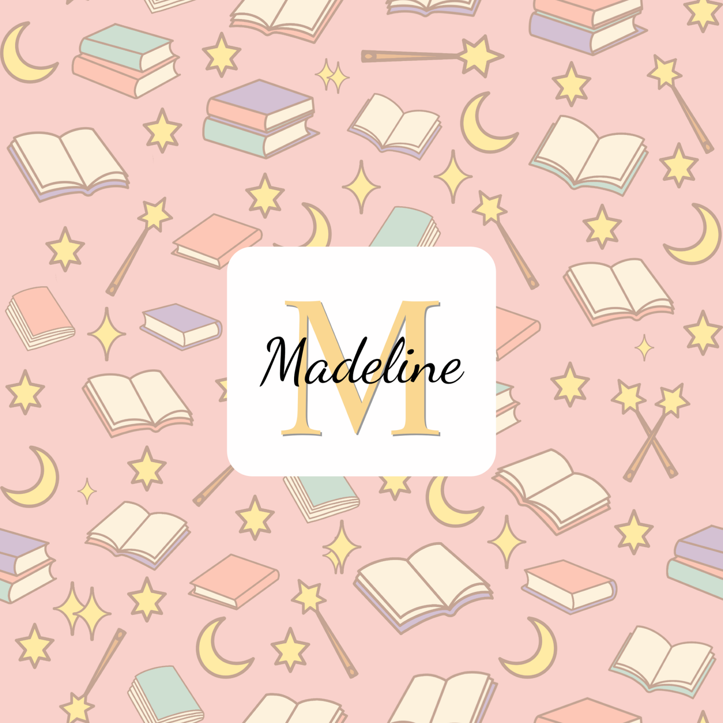 A whimsical pattern featuring books, stars, moons, and magic wands on a pink background, with the name 'Madeline' and the letter 'M' in a decorative font.