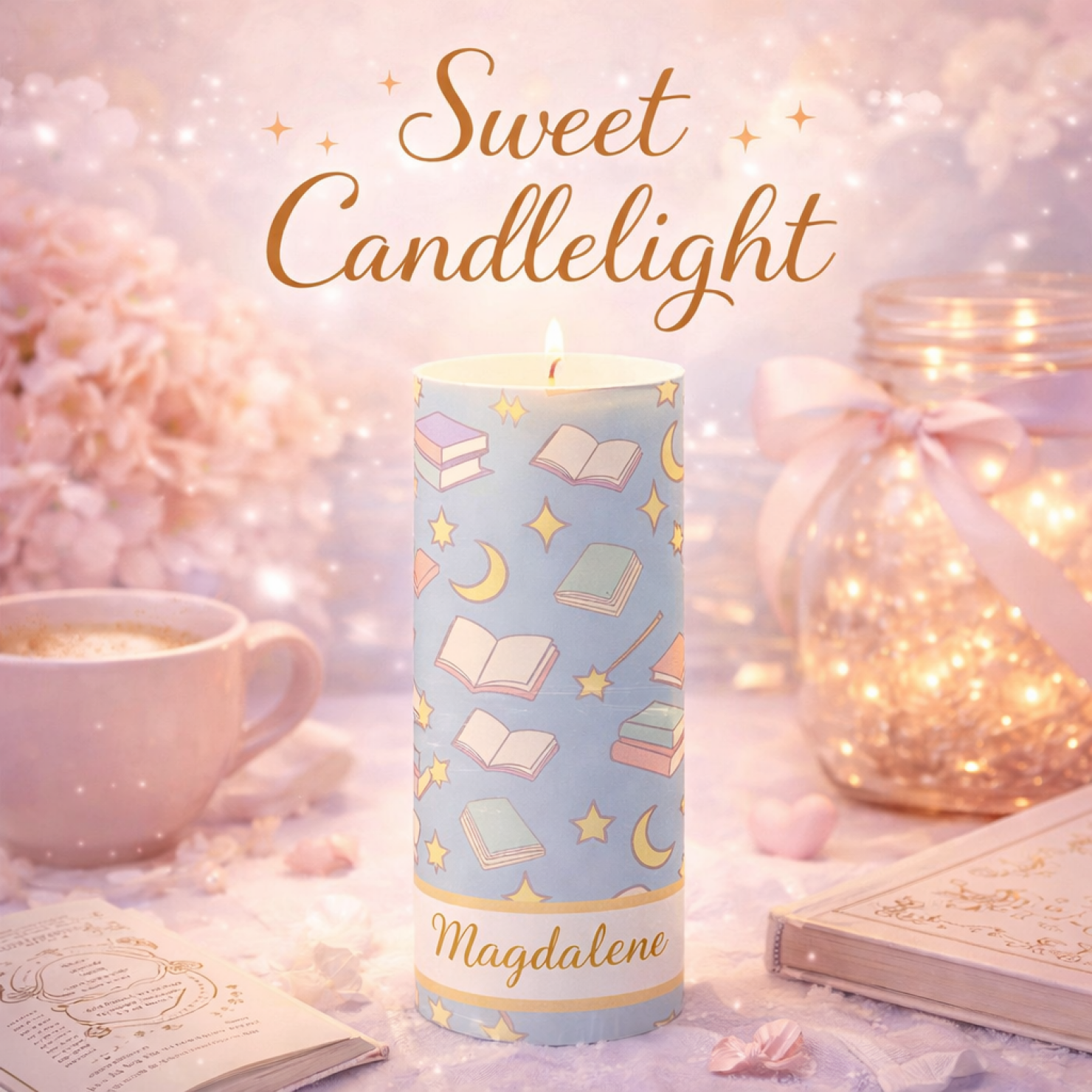 A decorative candle with a blue wrapper featuring illustrations of books and stars, titled 'Sweet Candlelight' and personalized with the name 'Magdalene.' A cup of coffee and a jar of fairy lights are visible in the background.